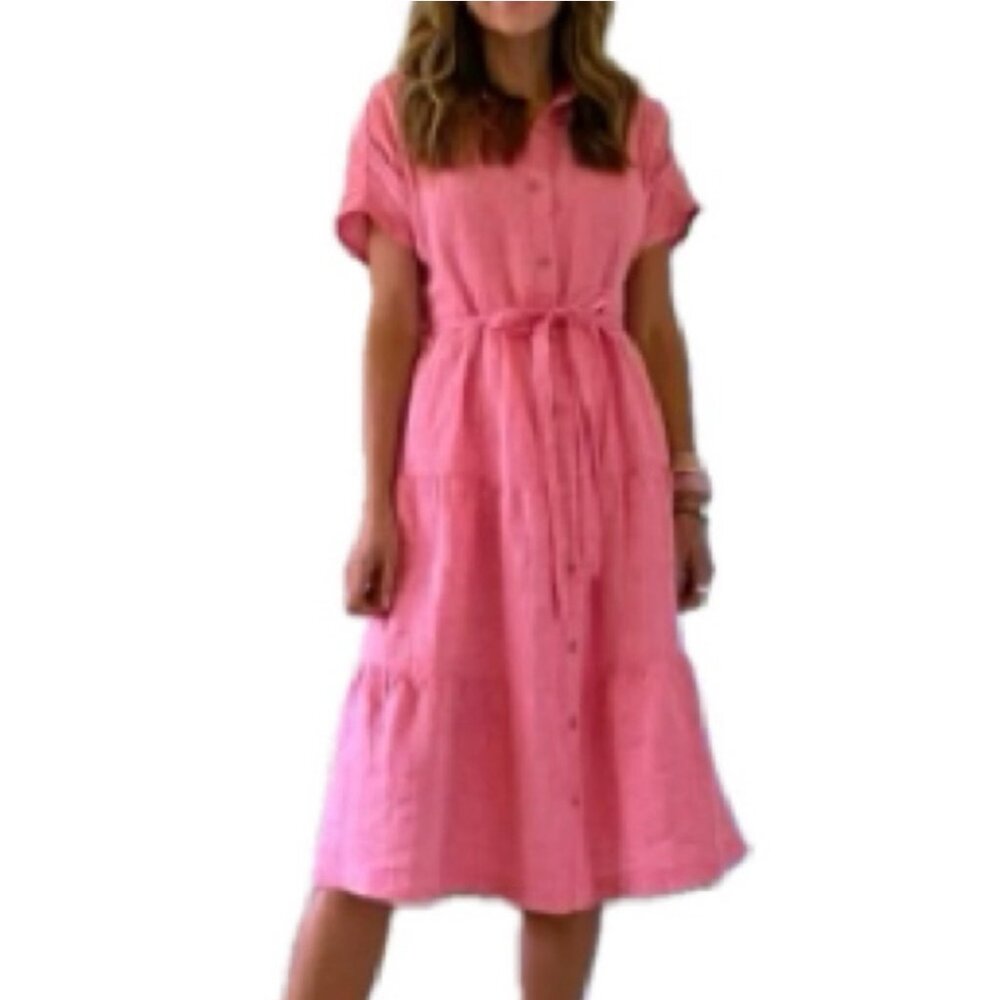 Cynthia Rowley midi button up Linen Dress with Tie Waist XS